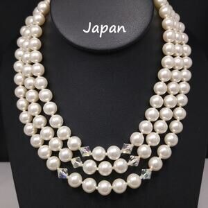 Vintage Japan Pearl Necklace 3 Strand AB Crystals 1950s